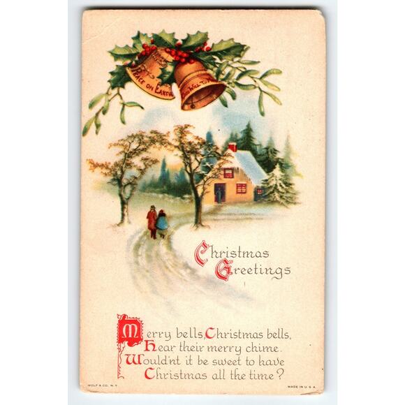 Vintage 1925 Christmas Postcard with Bells & Snowy Cottage Scene - Picture 1 of 2